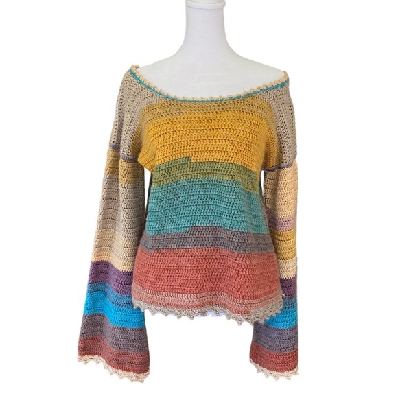 Handmade Sweaters - Handmade Crochet Striped Bell Sleeve Sweater Medium Boho Hippie Whimsy Cottage